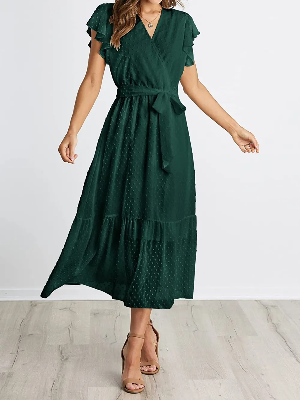 Women Summer Bohemian Floral Casual Wrap V Neck Ruffle Cap Sleeveless Belt A-Line Pleated Hem Swing Midi Sun Dress