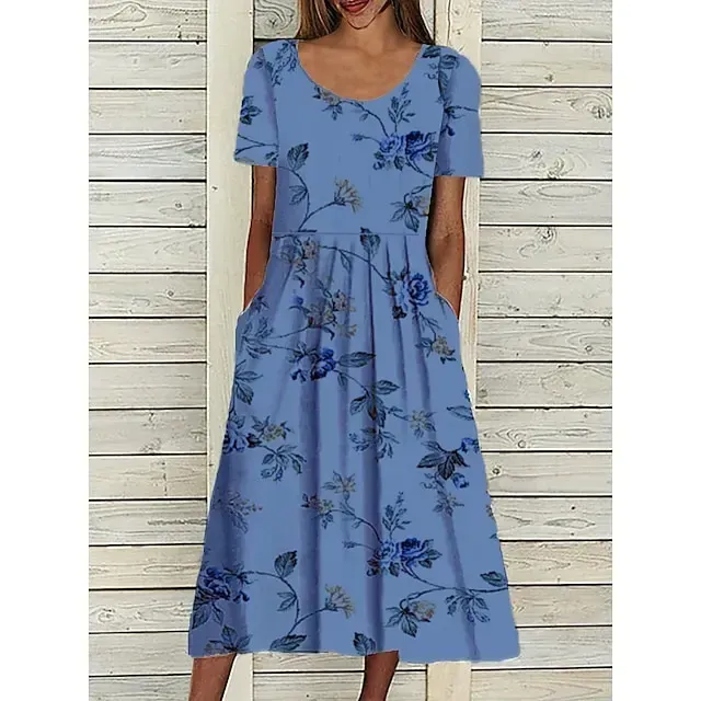 Women's Casual Dress Midi Dress White Blue Green Short Sleeve Floral Ruched Summer Spring Crew Neck Basic Loose Fit 2023 S M L XL XXL 3XL