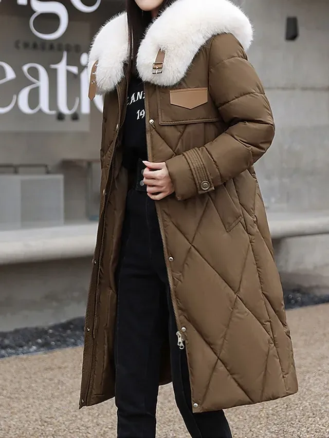 Women's Parka Warm Long Puffer Jacket Zipper with Fur Collar Hood Winter Outdoor Street Daily Wear with Pocket Vacation Modern Casual Plain Regular Fit Outerwear Long Sleeve Fall Black White Khaki
