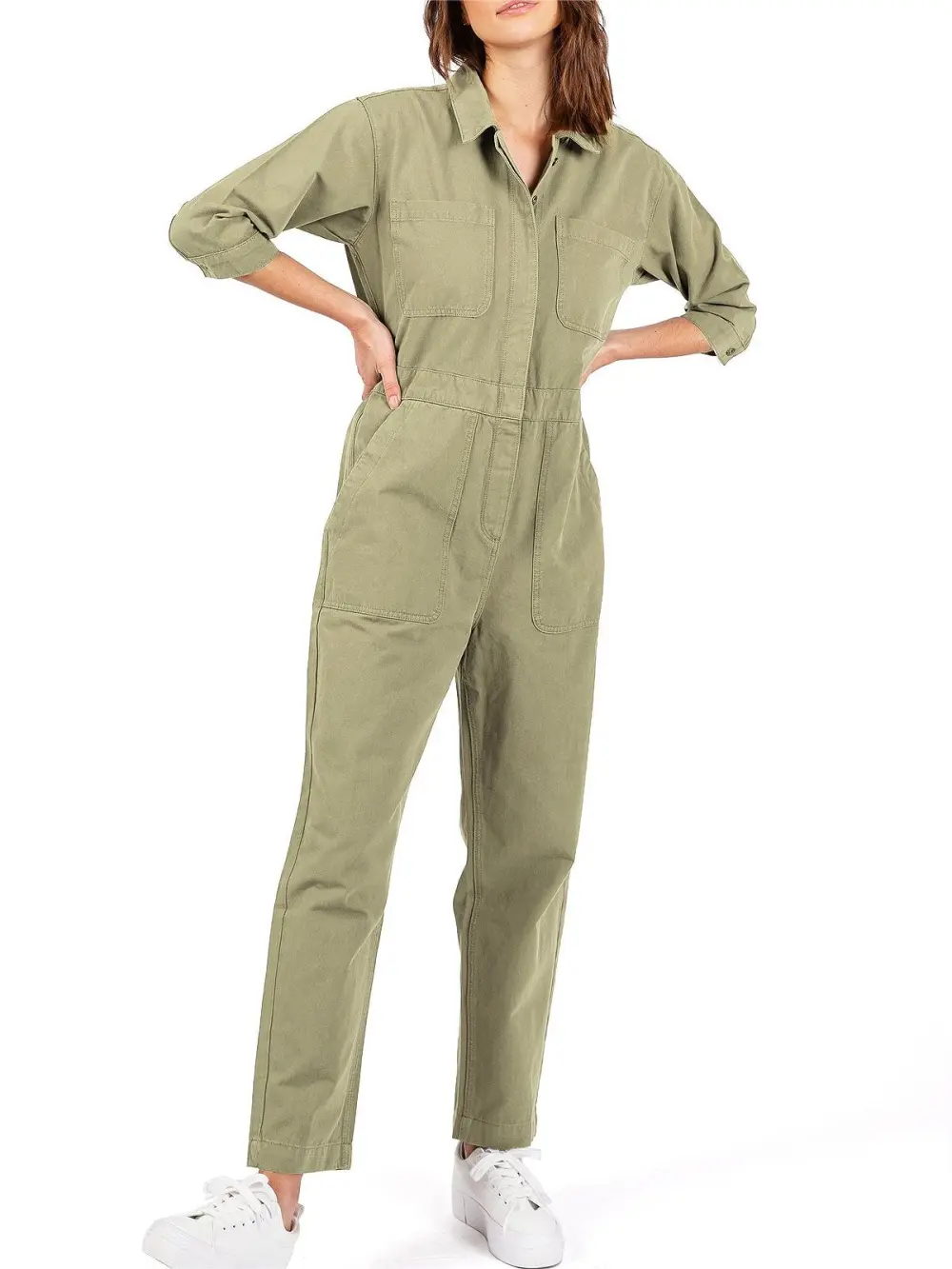 Olive Green Long - Sleeve Cargo Jumpsuit
