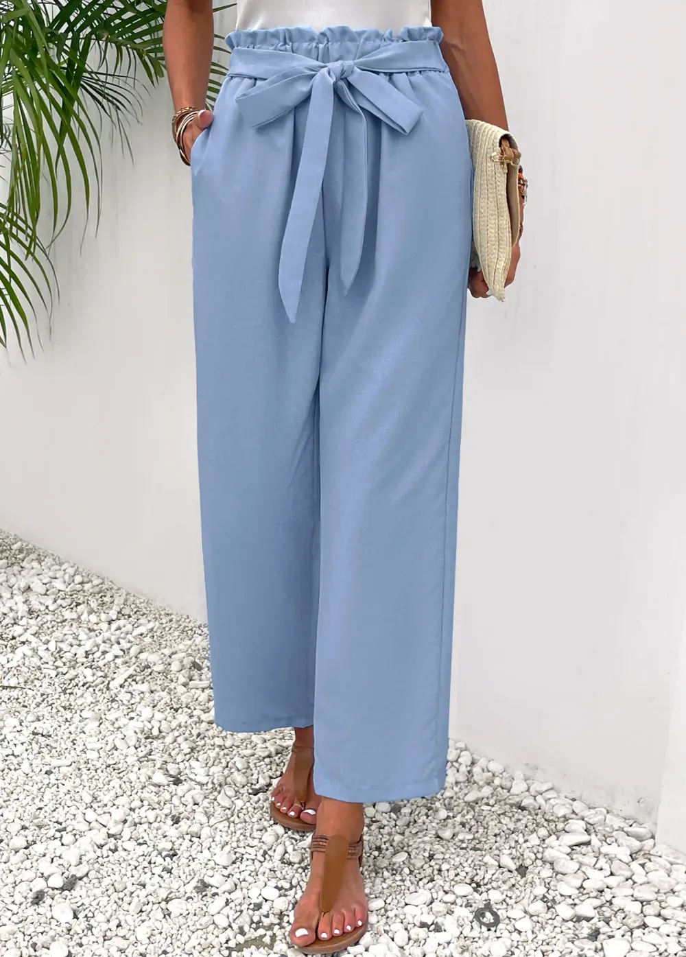 Dusty Blue Pocket Elastic Waist High Waisted Pants
