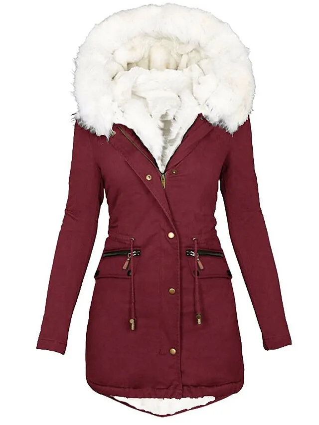 Women's Parka Fleece Lined Puffer Jacket Thicken Winter Coat with Fur Collar Hood Thermal Warm Heated Jacket with Pockets Fall Windproof Zipper Drawstring Outerwear Long Sleeve
