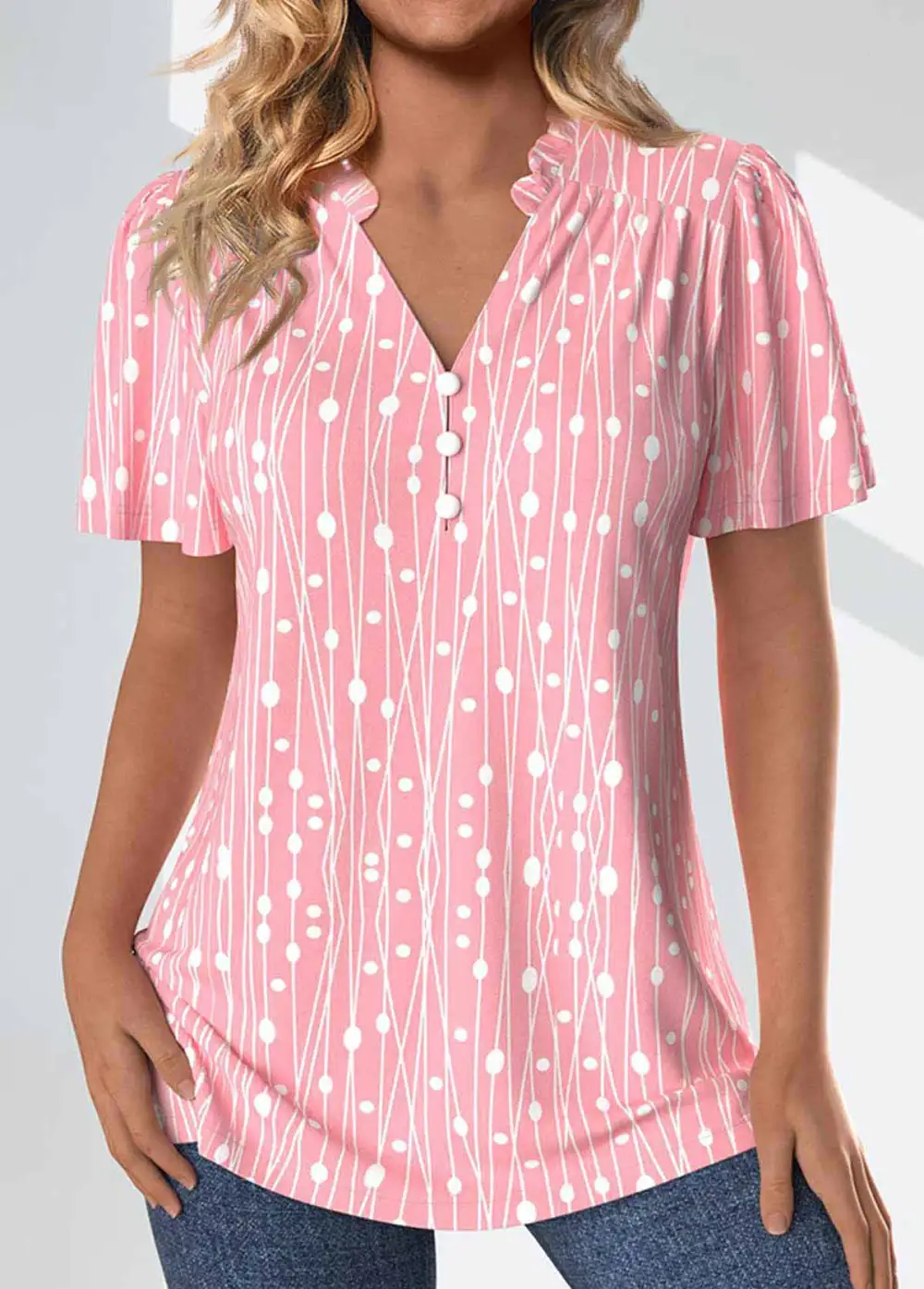Pink Frill Geometric Print Short Sleeve Split Neck Blouse