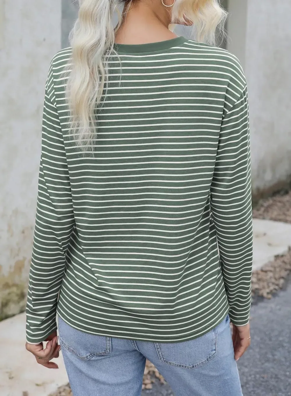 Dokotoo Women's Casual Striped Long Sleeve Tops Crew Neck Knit Ribbed Basic T Shirts