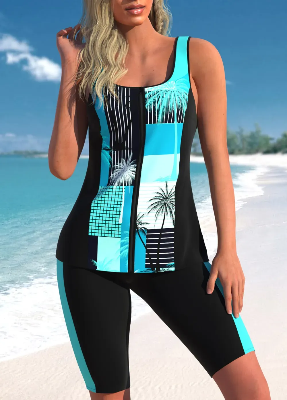 Zipper Tropical Plants Print Cyan Tankini Top