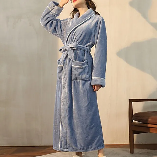 Women's Plus Size Plush Robes Gown Fluffy Fuzzy Warm Pajamas Bathrobes Home Party Daily Spa Modern Style Pure Color Fleece Simple Casual Soft Fall Winter V Wire Long Sleeve Lace Up Belt Included