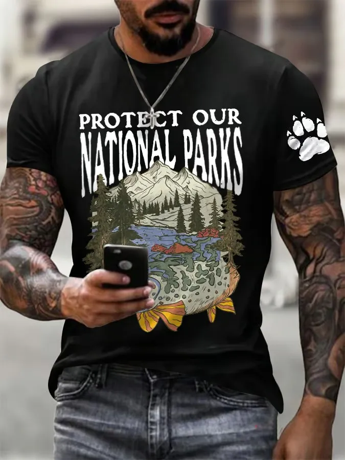 Men'S T-Shirt Men'S Support National Park Printed Crewneck T-Shirt Pure Cotton Printed Short Sleeve