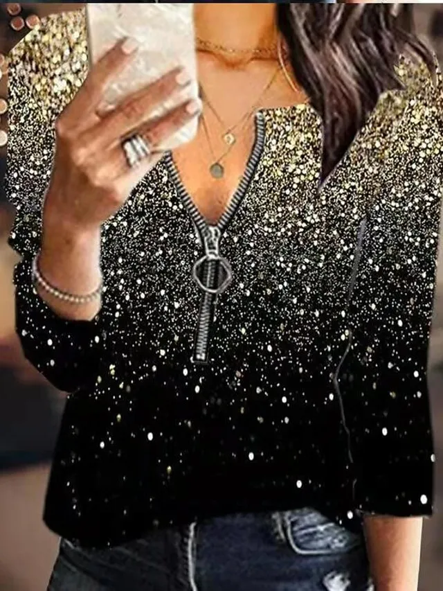 Women's Plus Size Shirt Blouse Graphic Color Block Black Red Fuchsia Quarter Zip Print Long Sleeve Casual Vintage V Neck Regular Fit Fall & Winter