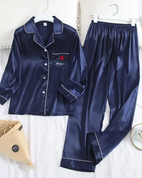 Long Sleeve Pajamas Ice Silk Printing Fashion Sleepwear Set