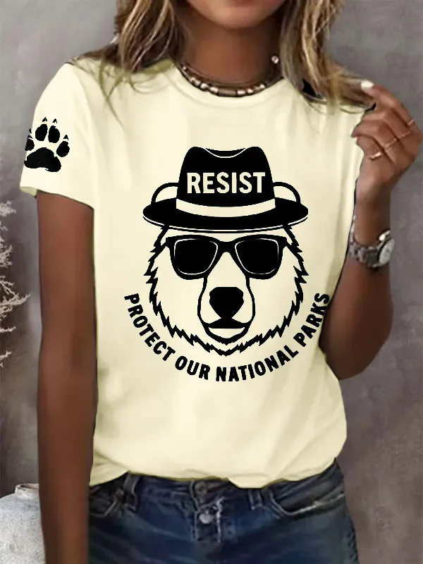 T-Shirt Women Protect Our National Parks Printed Crew-Neck T-Shirt Cotton Casual Short-Sleeved