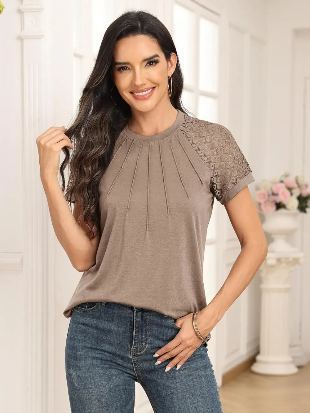 AUTOMET Womens Tshirts Trendy Fashion Tops Lace Short Sleeve Business Tee Shirts Casual Knitted Blouses Summer Outfits 2024