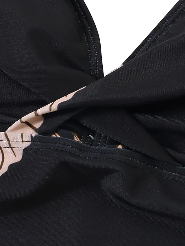 Women's Swimwear Tankini Swim Dress 2 Piece Plus Size Swimsuit Halter 2 Piece Modest Swimwear Open Back Printing Trees / Leaves Black Halter V Wire Bathing Suits New Vacation Fashion