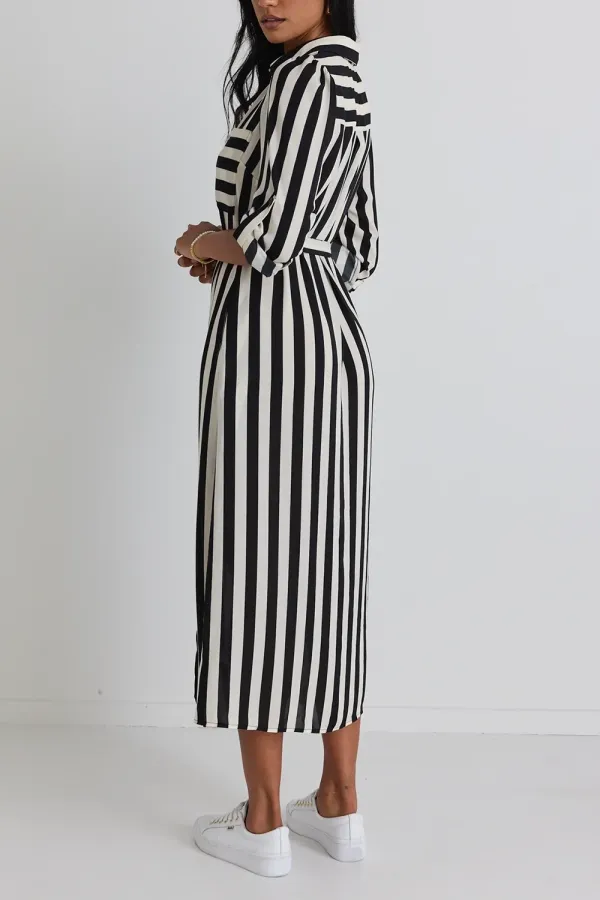 Black White Stripe Shirt Maxi Dress