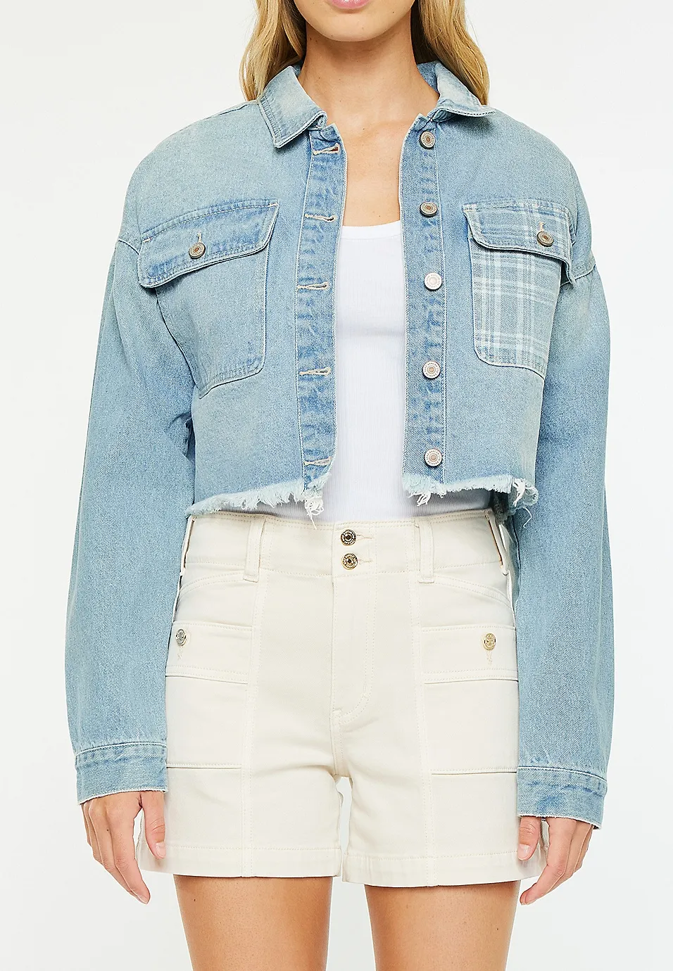 Rigid Plaid Drop Shoulder Crop Jacket