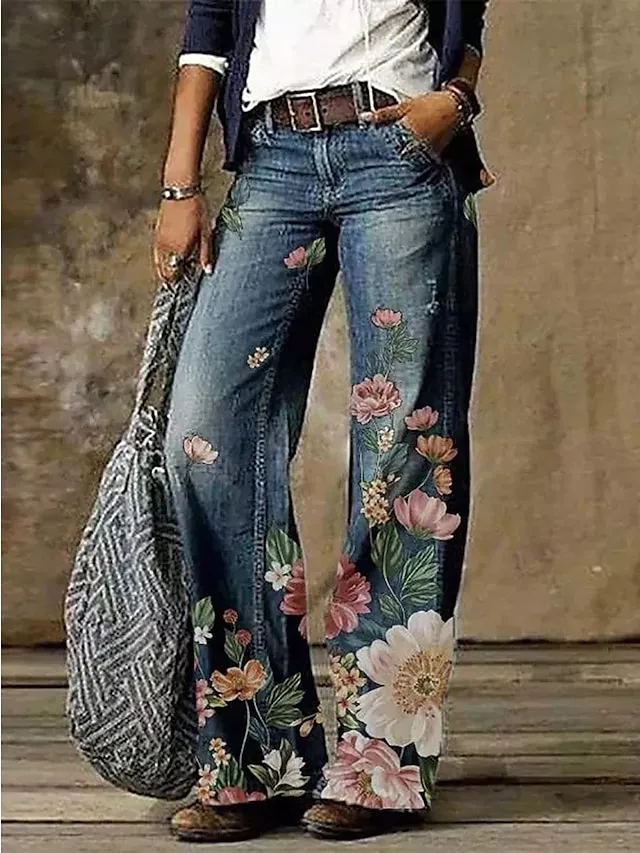 Women's Jeans Bootcut Wide Leg Full Length Faux Denim Wide Leg Print Micro-elastic Mid Waist Fashion Casual Weekend flower number 6 flower number 18 S M