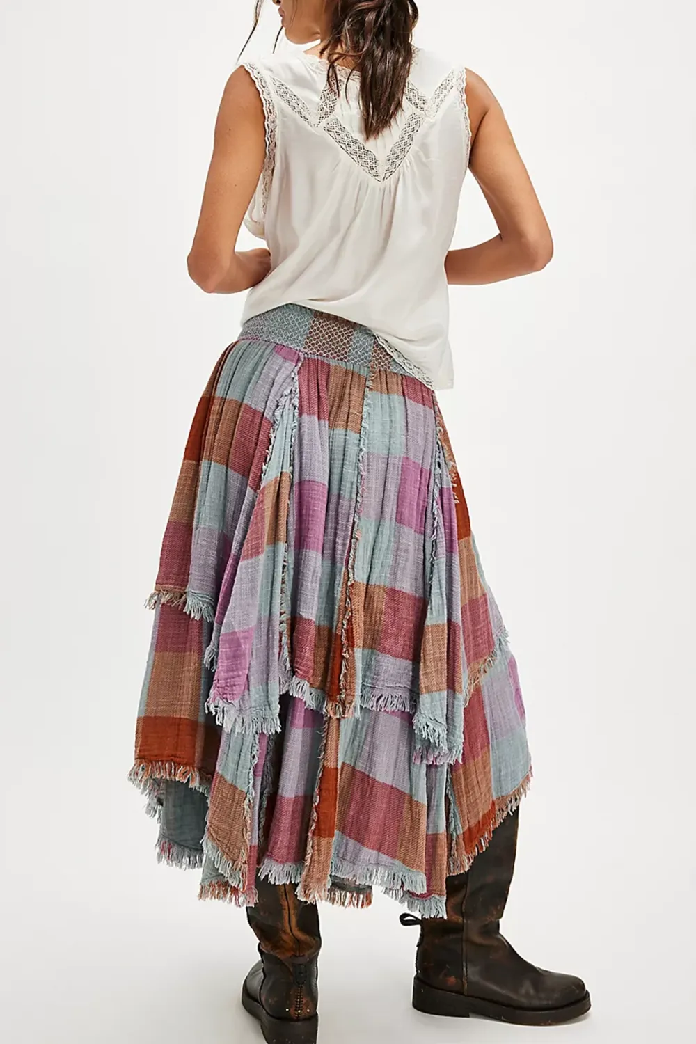 Plaid Patchwork Asymmetric Midi Skirt