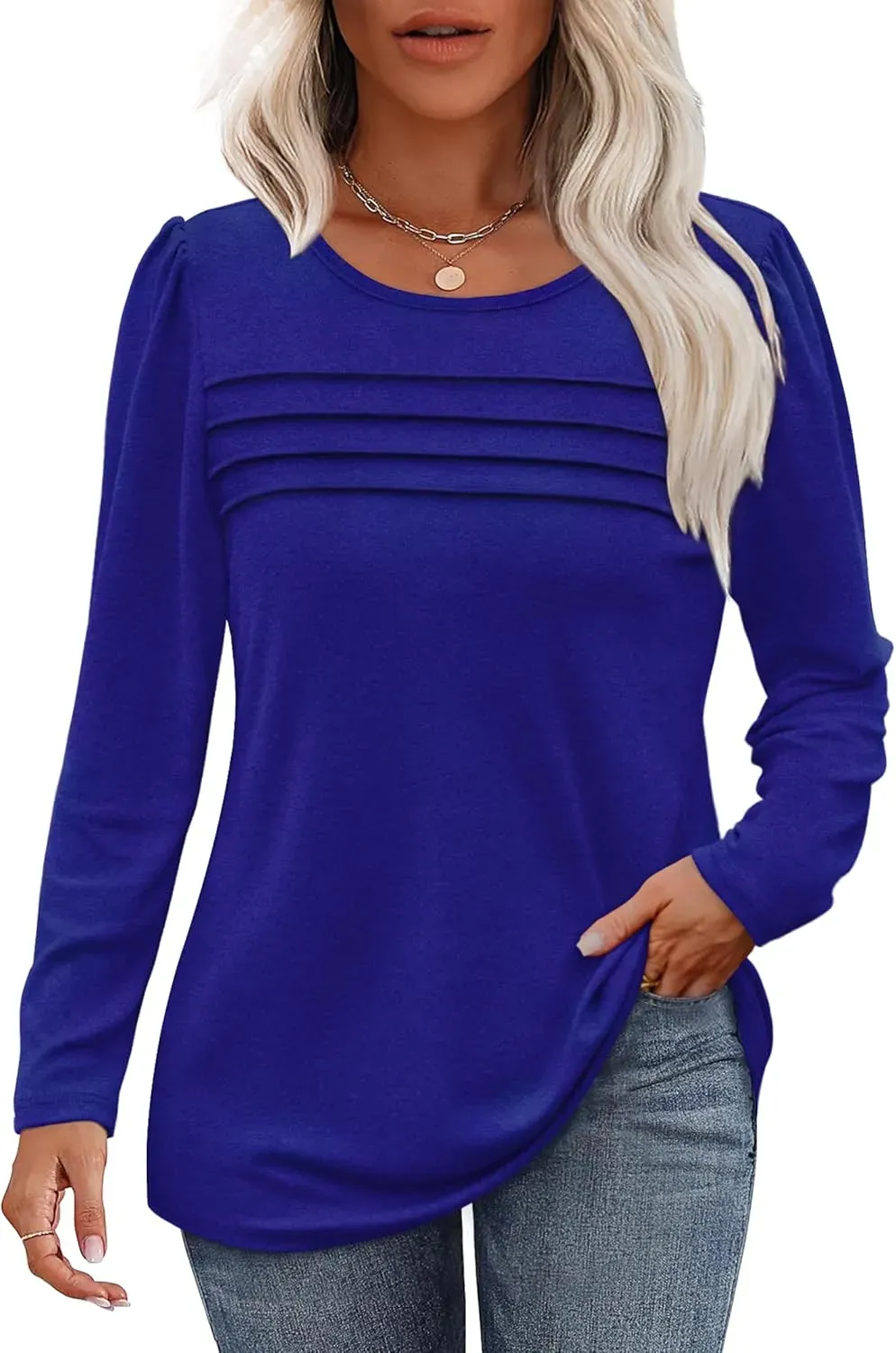 OFEEFAN Long Sleeve Shirts for Women Fall Fashion 2024 Dressy Casual Blouses Trendy Pleated Tunic Tops for Leggings