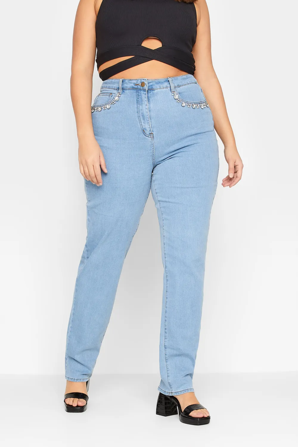 LTS Tall Blue Diamante Embellished Pocket UNA Stretch Mom Jeans