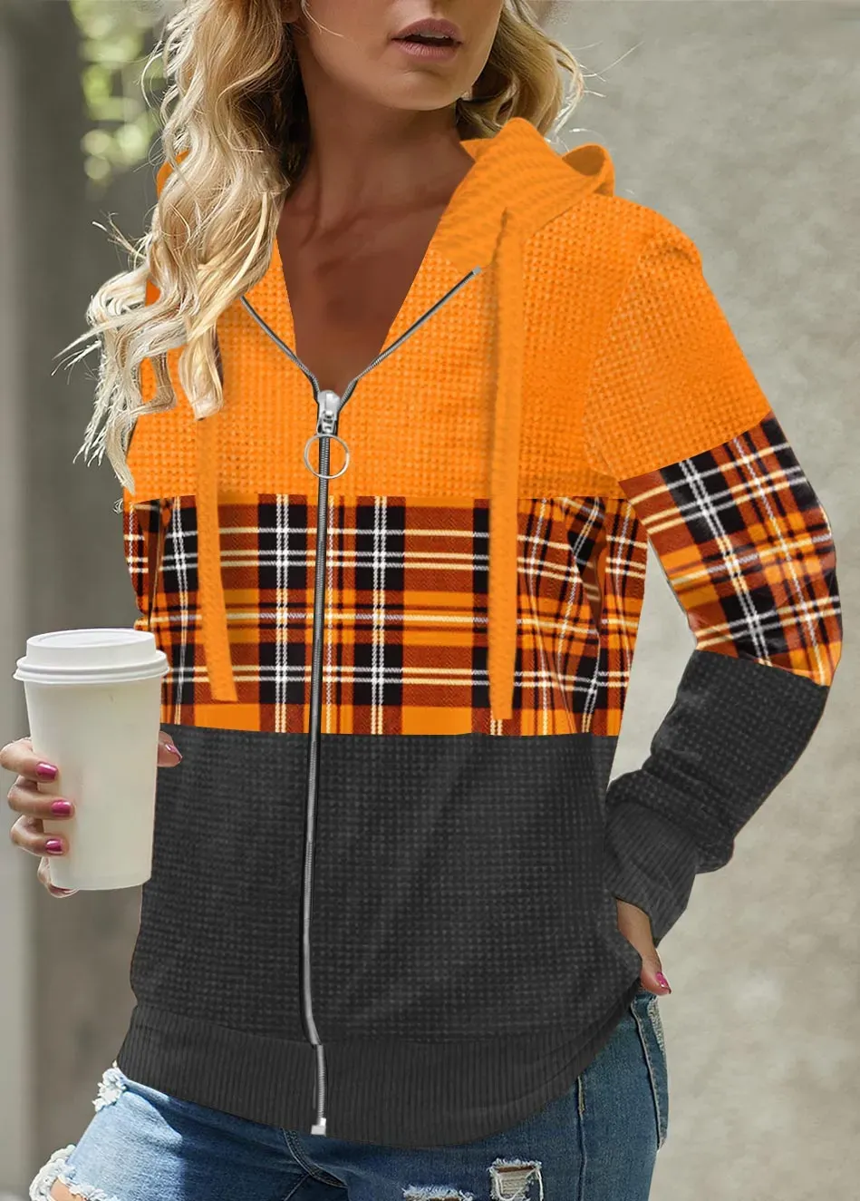 Red Patchwork Plaid Long Sleeve Hoodie