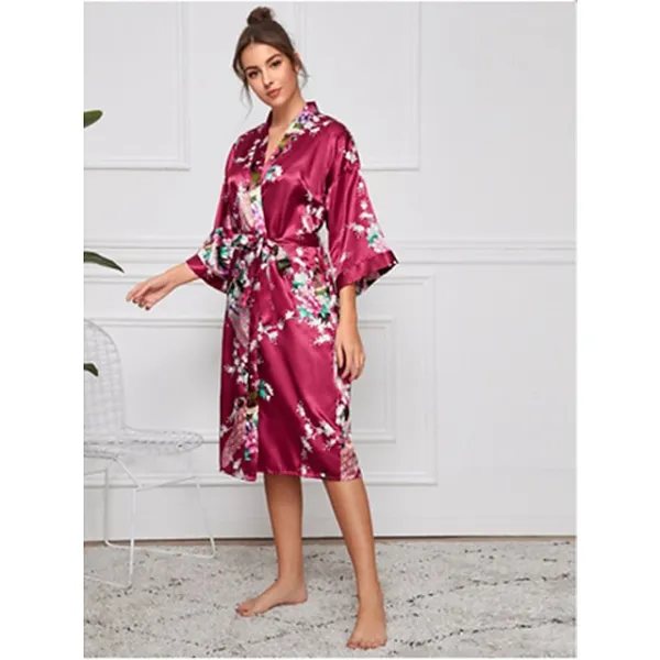 Women's Robes Gown Bathrobes Pure Color Simple Comfort Home Party Wedding Party Spandex Gift Long Sleeve Belt Included Spring Summer Navy Blue