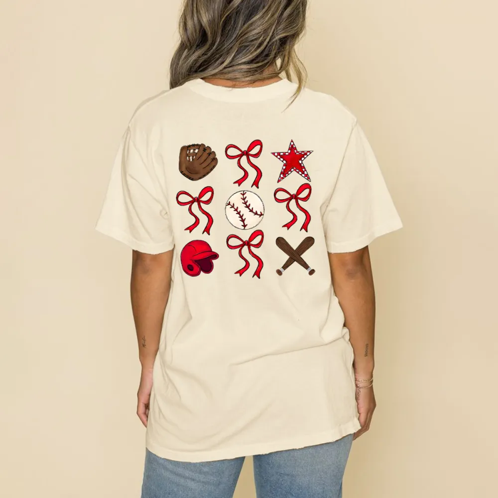Baseball Gloves, Baseballs, Red Baseball Caps, Crossed Baseball Bats, Red Stars, And Multiple Red Bow Tie Combination Patterns, And Casual T-Shirts.