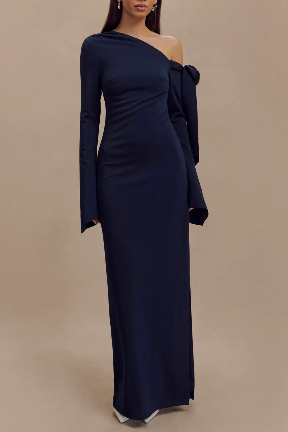 One Shoulder Crepe Maxi Dress