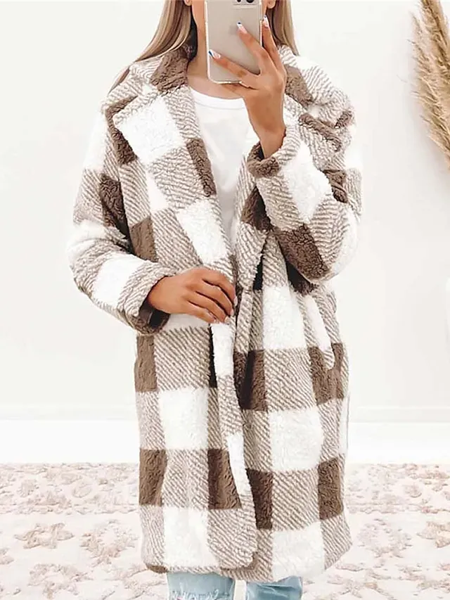 Women's Winter Coat Fleece Jacket Sherpa Jacket Thermal Warm Plaid Teddy Coat Open Front Lapel Long Coat with Pocket Fall S M L XL 2XL