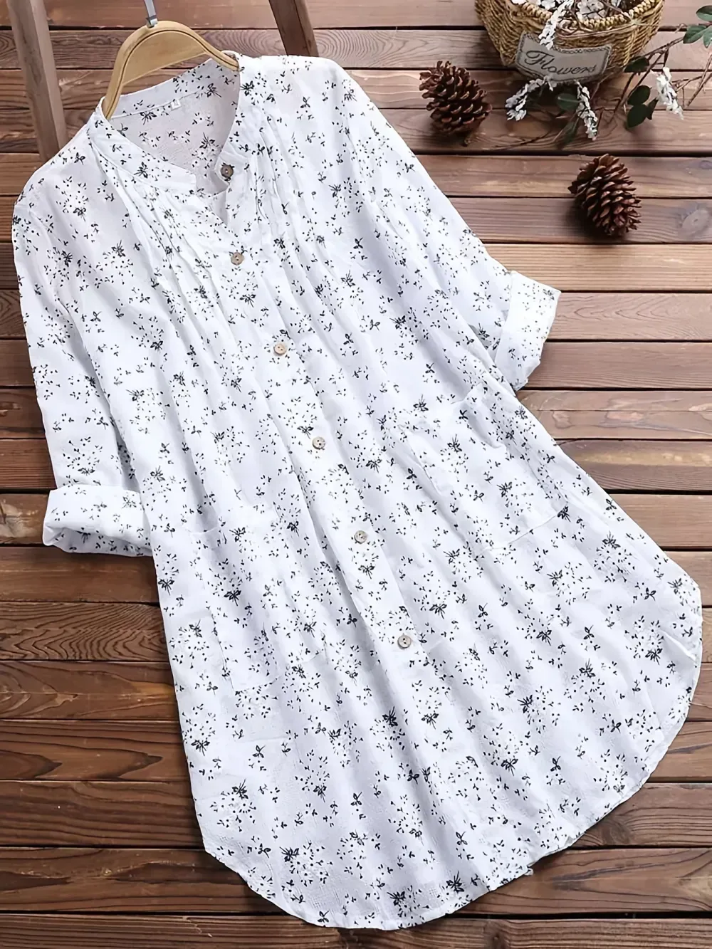 Plus Size Cotton Floral Print Long Sleeve Midi Top, Women's Plus Casual Button Front T-shirt