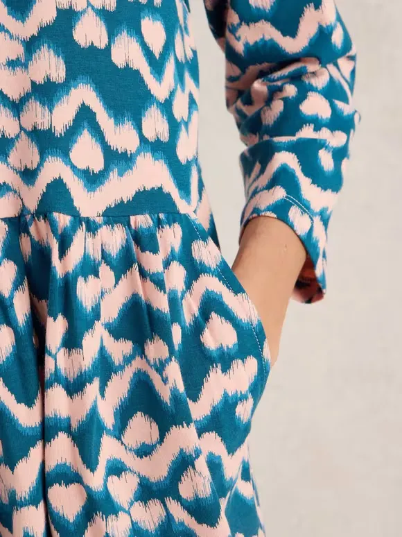 Jersey Knee Length Dress In Teal Print