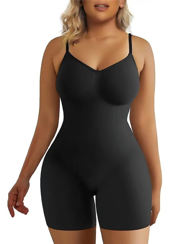 Women's Plus Size Bodysuits Body Shaper Pure Color Fashion Hot Vacation Gyms Nylon Breathable Straps Sleeveless Backless Summer Spring Black long Black briefs