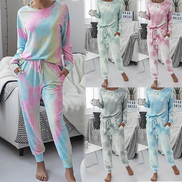 Women's Loungewear Sets Tracksuits 2 Pieces Tie Dye Sport Simple Casual Home Street Airport Polyester Crew Neck Long Sleeve Pullover Pant Elastic Waist Winter Fall Green Blue
