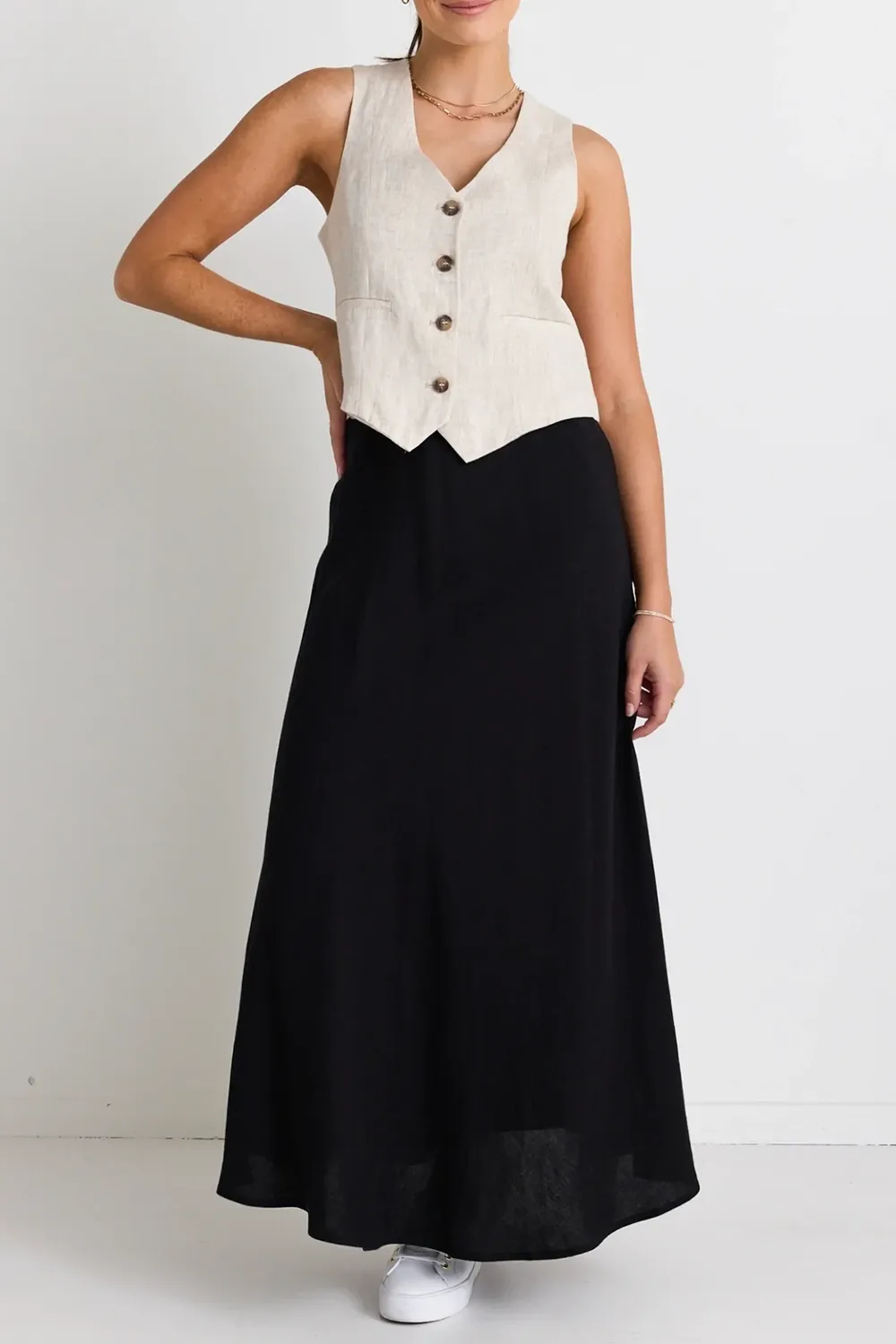 Black Linen Mixed Media Maxi Skirt