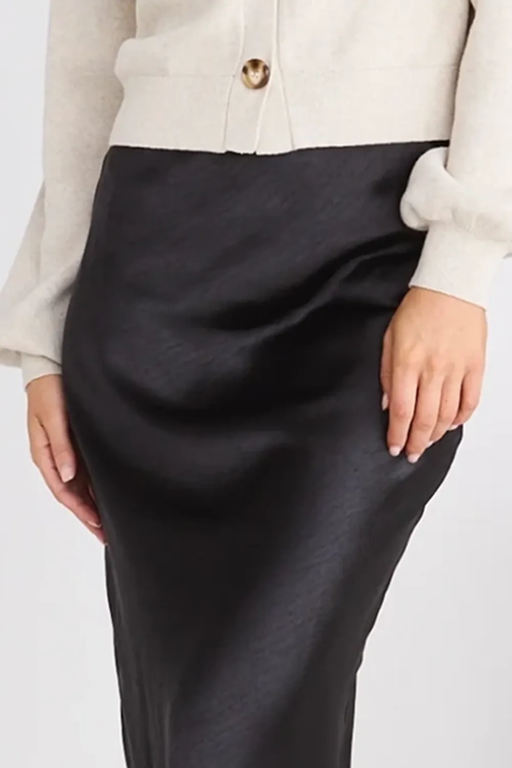 Black Satin Flared Midi Skirt