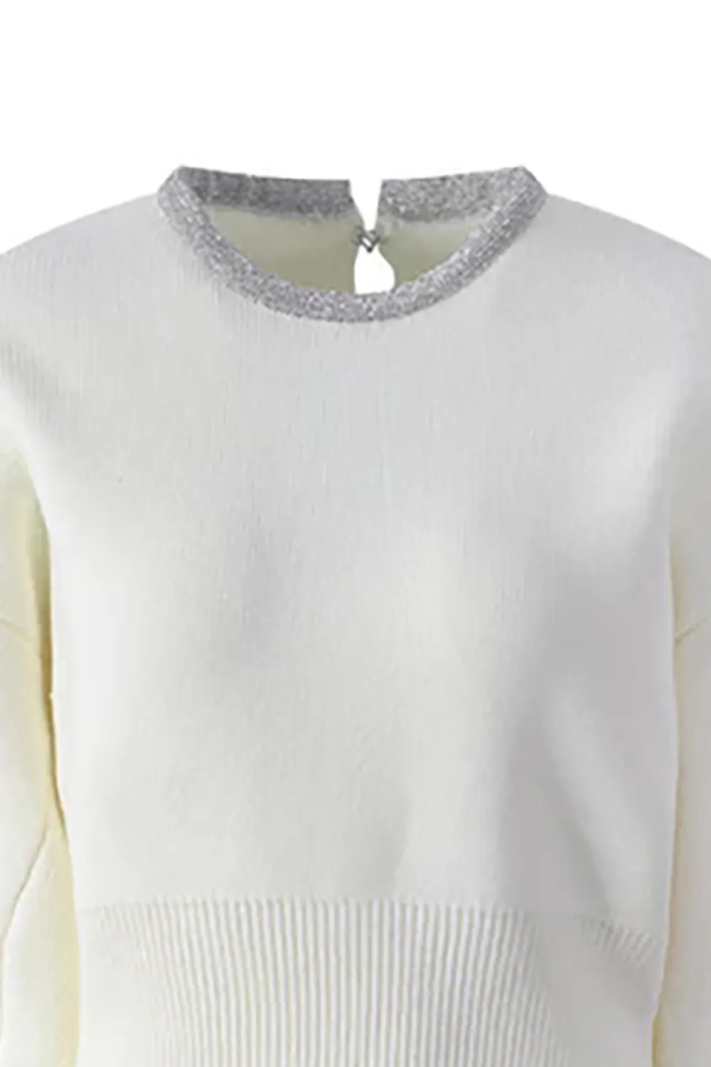 Sparkly Crystal Collar Keyhole Wool Blend Fitted Waist Ribbed Knit Sweater