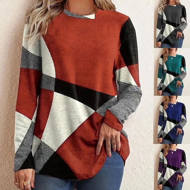 Women's T shirt Tee Red Blue Purple Geometic Color Block Office Basic Round Neck Fall Winter Fall & Winter