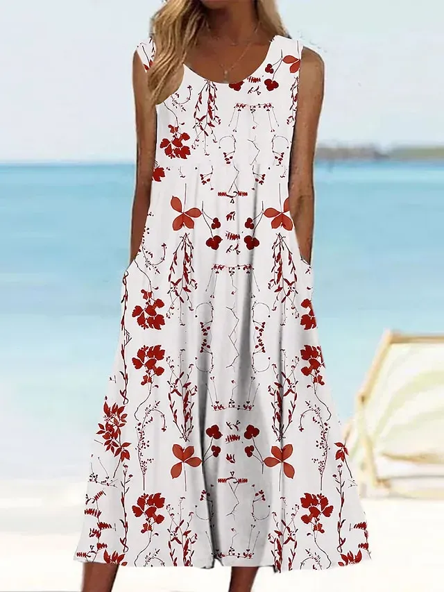 Women's Casual Dress Tank Dress Summer Dress Floral Print Crew Neck Midi Dress Active Fashion Daily Holiday Sleeveless Loose Fit Aqua Blue Cream Wine Summer Spring S M L XL XXL