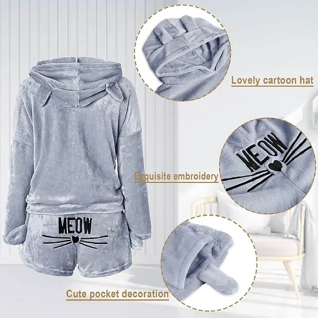 Women's Loungewear Fluffy Pajama Fuzzy Sweatsuit Sets 2 Pieces Animal Cat Warm Plush Comfort Home Street Daily Fleece Hoodie Long Sleeve Hoodie Shorts Elastic Waist Fall Winter Pink Navy Blue