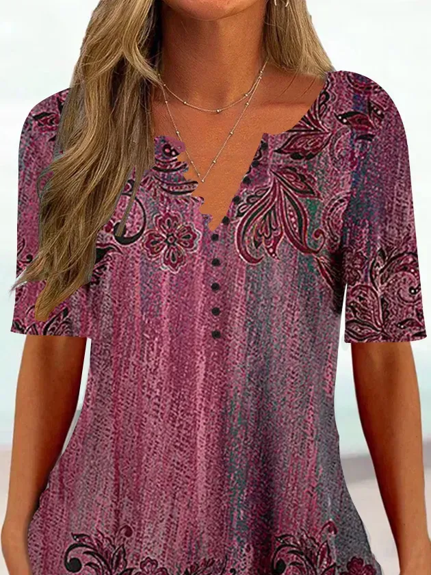 Women Half Sleeve V-neck Floral Printed Tops