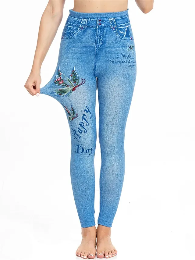 Women's Slim Pants Trousers Leggings Full Length Faux Denim Pocket High Cut High Elasticity High Waist Fashion Streetwear Street Causal Lake Blue Royal Blue S M Summer Fall