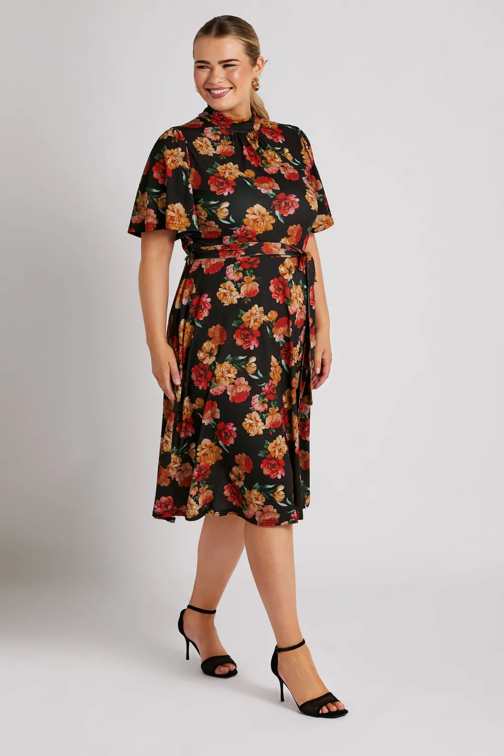 YOURS LONDON Curve Black & Orange Floral Print Skater Dress