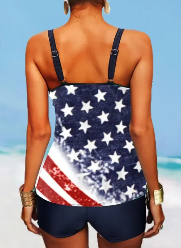 Flag Star Splice color Strap U-Neck Classic Plus Size Tankinis Swimsuits