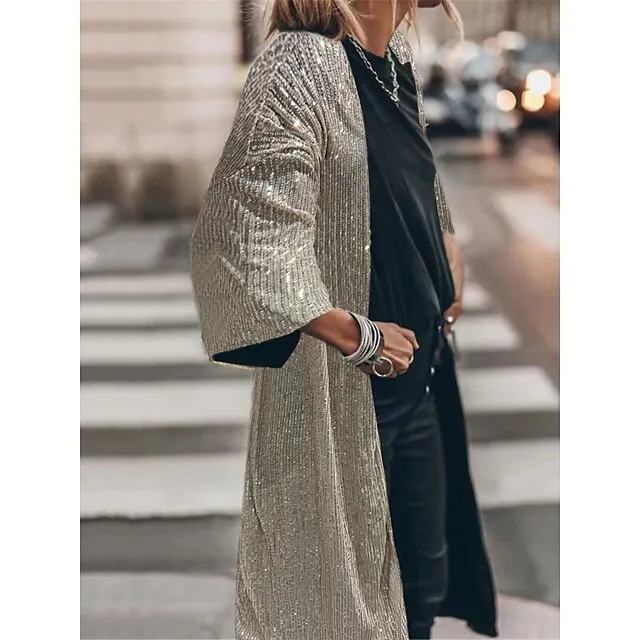 Women's Casual Jacket Sparkly Sequins Fall Spring Regular Coat Regular Fit Windproof Breathable Stylish Colorful Jacket 3/4 Length Sleeve Pure Color Silver Lotus Wine Party Street Vacation