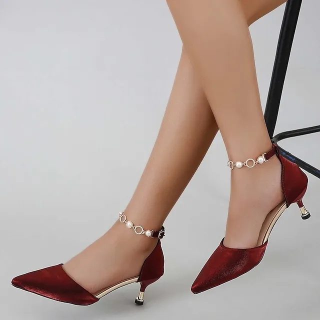 Women's Heels Sandals Heel Sandals Plus Size Ankle Strap Sandals Daily Club Summer Rhinestone Imitation Pearl Stiletto Heel Pointed Toe Elegant Sexy Satin Ankle Strap Solid Color Matte Black Black Red
