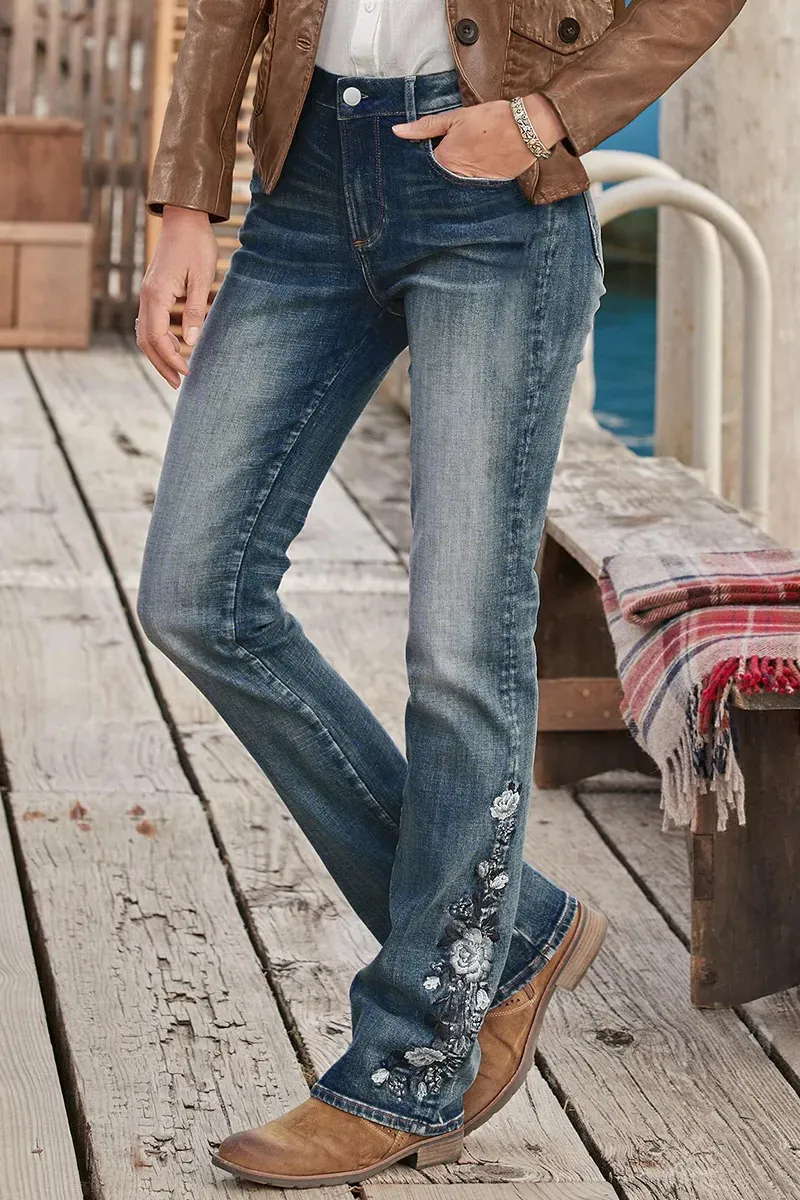 Floral Embroidery Mid Waist Bootcut Jeans