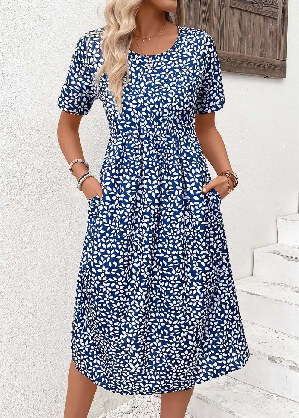 Navy Pocket Ditsy Floral Print Short Sleeve Dress