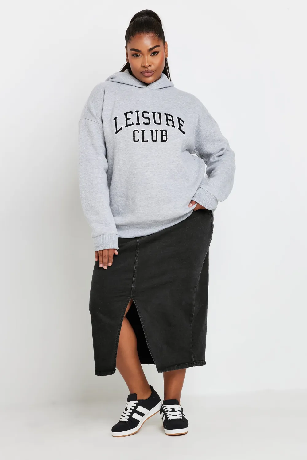 YOURS Curve Black Midi Stretch Denim Skirt