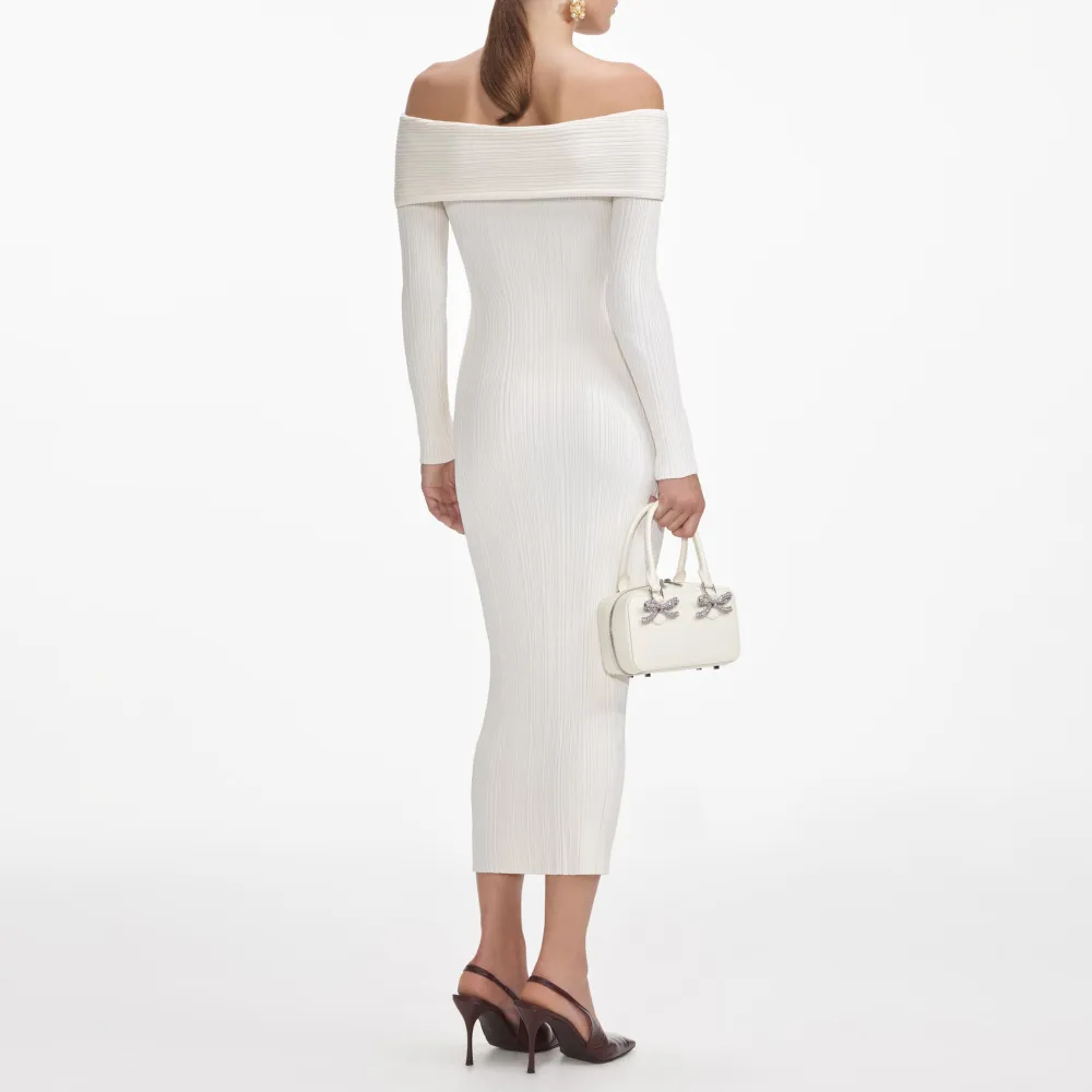 Cream Off Shoulder Knit Midi Dress