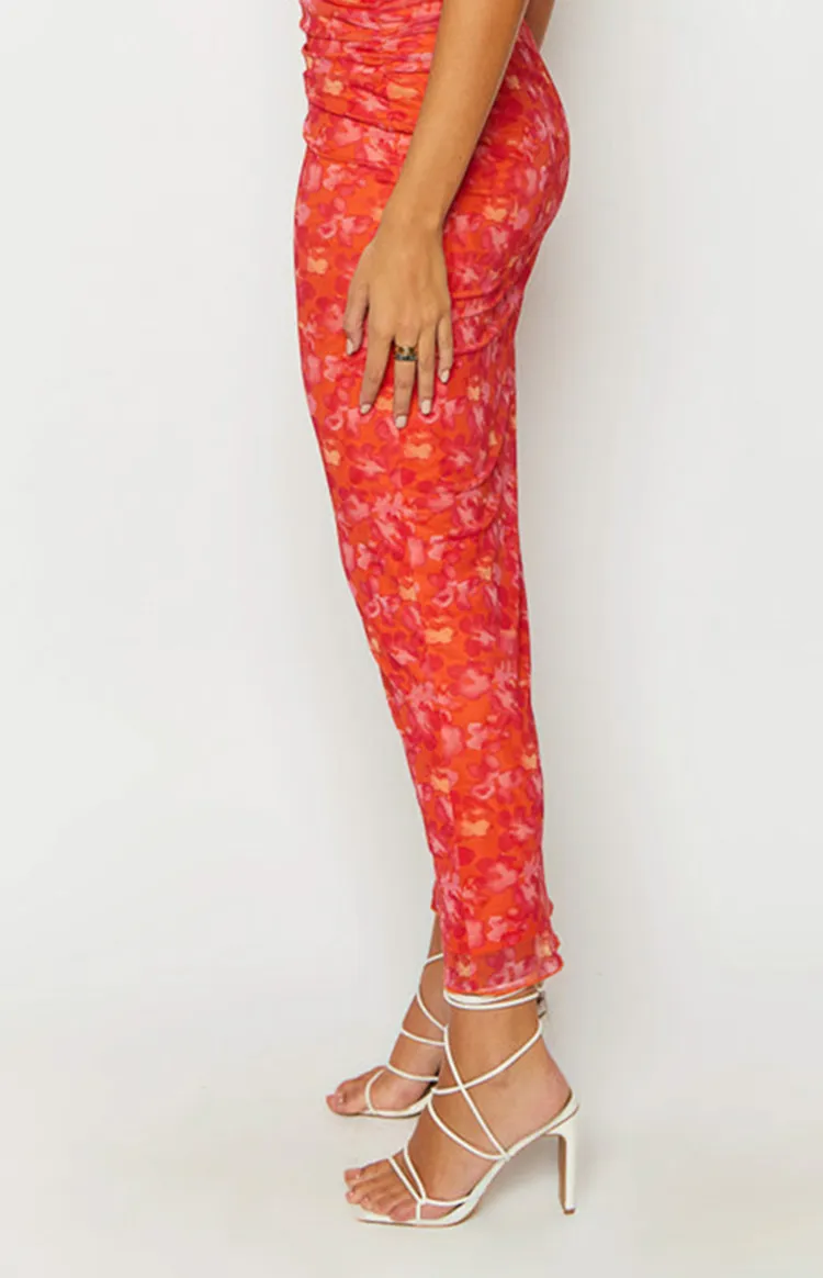 Orange Floral Ruched Strapless Dress