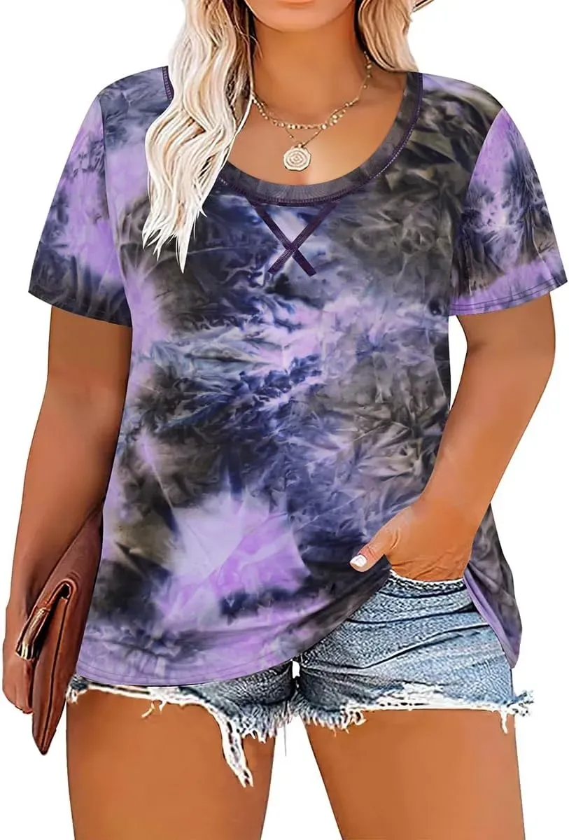 TIYOMI Plus Size T Shirt for Women Short Sleeve Tunic Cross Line Shirts Round Neck Tops Summer Blouse XL-5XL 14-28