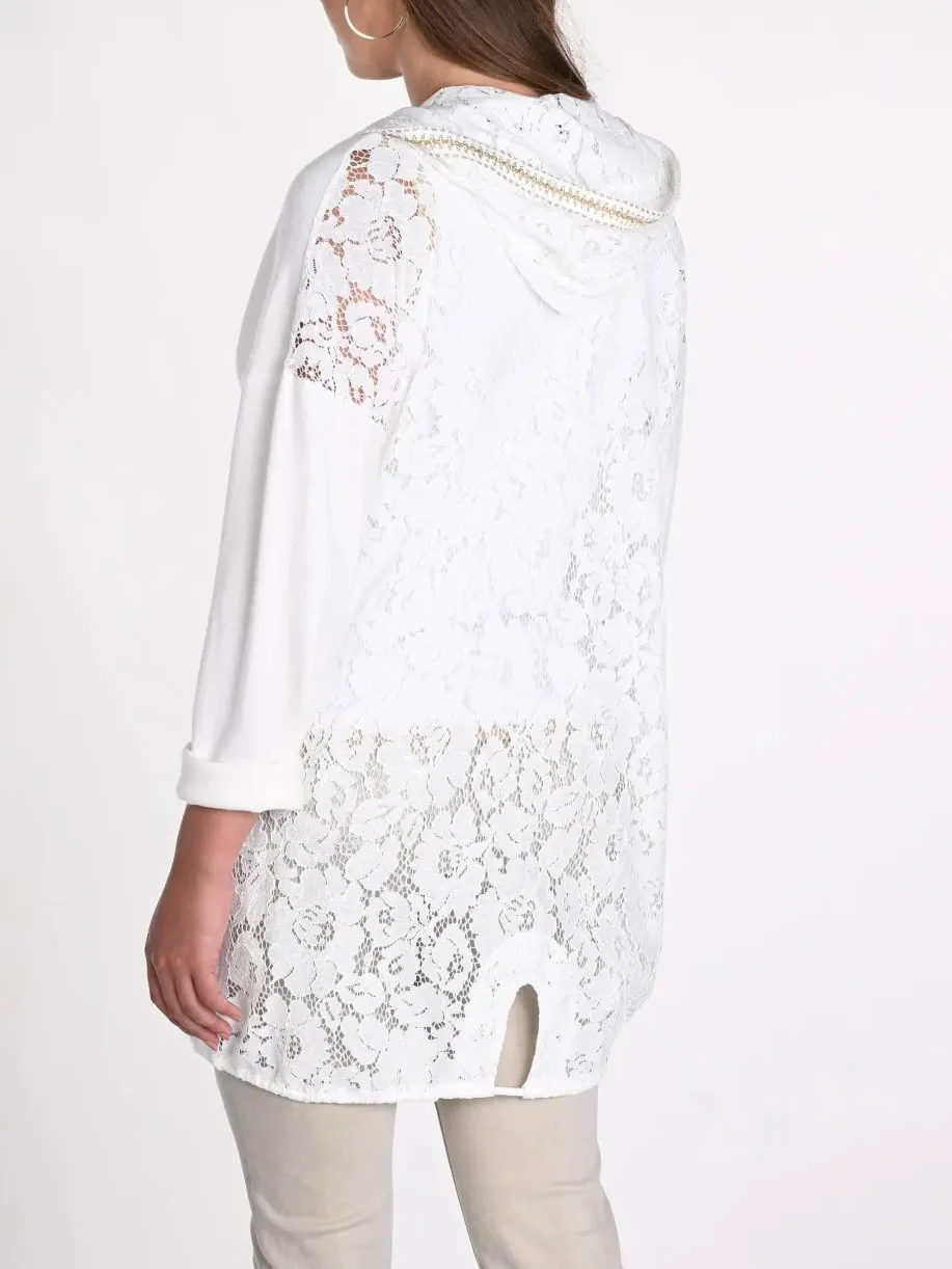 Embroidered White Hooded Cardigan